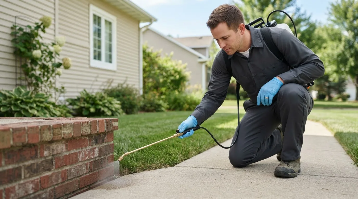 Pest control technician treating a home near Lanesboro, IA